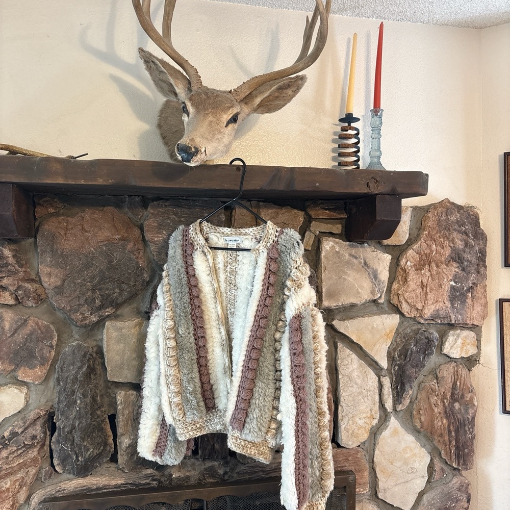 Vintage Le Sweater Women's M Striped Hand Knit Pom Pom Cardigan